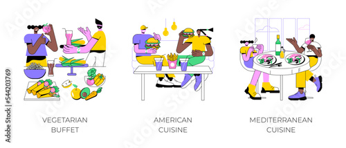 Eating in a restaurant isolated cartoon vector illustrations set. Happy diverse people dining at vegetarian buffet, american cuisine, couple eating burgers, Mediterranean restaurant vector cartoon.