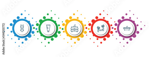 editable thin line icons with infographic template. infographic for holidays concept. included swimming suit, sunscreen bottle, basin, hammock relaxing, bathtube icons.