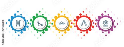 editable thin line icons with infographic template. infographic for gym equipment concept. included swedish wall, fitness bench, sneakers, hand grip, gym station icons.