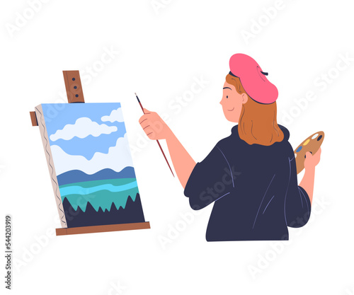 Woman Character in Beret Drawing Nature Landscape with Easel and Brush on Canvas Vector Illustration
