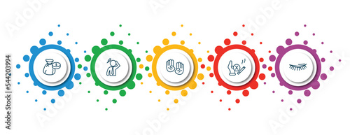 editable thin line icons with infographic template. infographic for gestures concept. included money bag of dollars, dubious, deaf, give up smoking, eyelid icons.