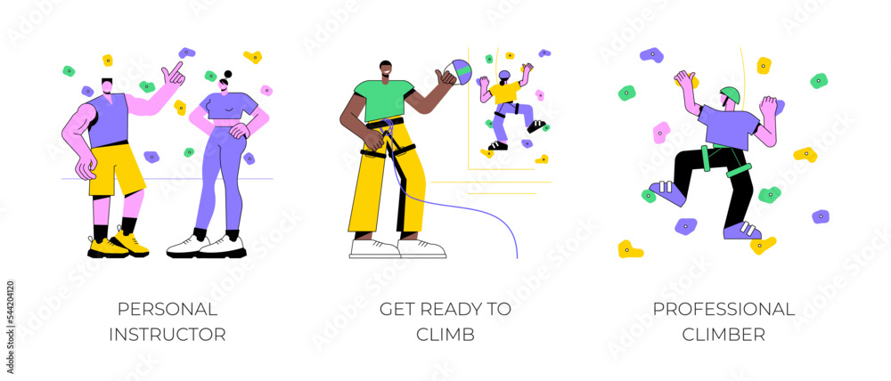 Bouldering isolated cartoon vector illustrations set. Personal climbing instructor, athlete in special equipment ready for bouldering, extreme sport achievement, physical activity vector cartoon.
