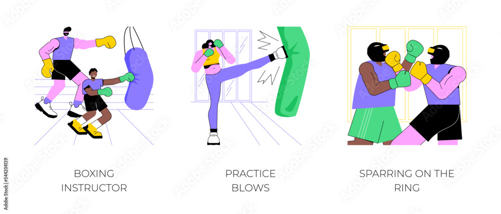 Boxing isolated cartoon vector illustrations set. Boxing instructor, practice blows, sparring on the ring, hit punching bag, kickboxing gym, sparring in gloves and helmets vector cartoon.