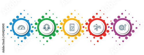 editable thin line icons with infographic template. infographic for general concept. included credit rating, business networking, digital product, inauguration, inflate tire icons.