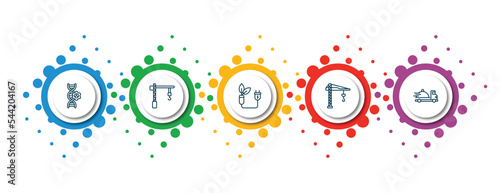 editable thin line icons with infographic template. infographic for general concept. included bioengineering, construction crane, biomass energy, building crane, food delivery icons.