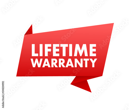 Flat banner with red lifetime warranty. Flat vector illustration character