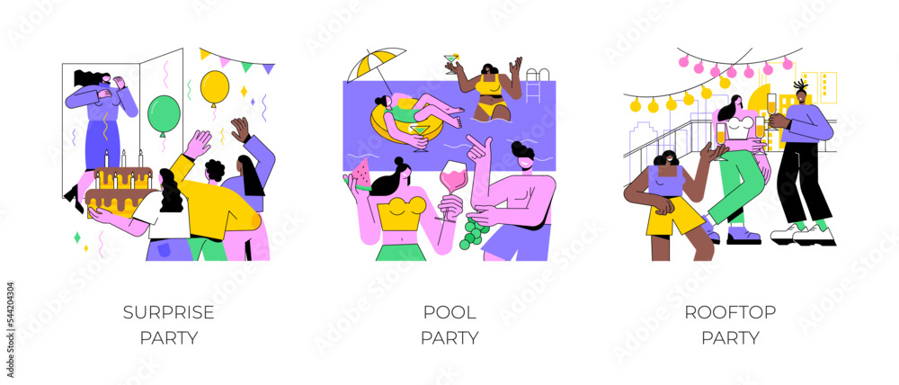 Birthday celebration isolated cartoon vector illustrations set. Friends make surprise party for a woman, group of young people celebrating at the pool, having fun on a rooftop vector cartoon.
