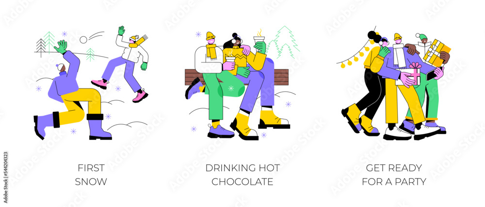 Winter holidays isolated cartoon vector illustrations set. First snow, smiling friends play snowballs together, drinking hot chocolate, get ready for new year party, celebration vector cartoon.