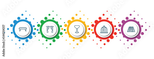 editable thin line icons with infographic template. infographic for furniture & household concept. included hassock, curtains, glassware, bird cage, floor icons.