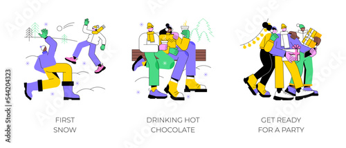 Winter holidays isolated cartoon vector illustrations set. First snow, smiling friends play snowballs together, drinking hot chocolate, get ready for new year party, celebration vector cartoon.
