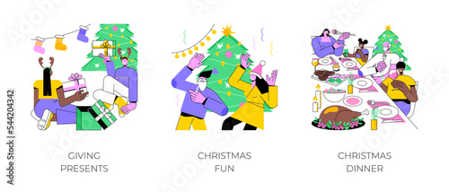 Christmas time isolated cartoon vector illustrations set. Couple giving presents to each other, having fun on Christmas party, diverse friends celebrate at the table together vector cartoon.