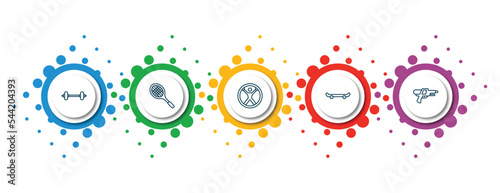 editable thin line icons with infographic template. infographic for free time concept. included dumbell, tennis racket, zorbing, skate, water gun icons.