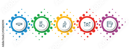 editable thin line icons with infographic template. infographic for free time concept. included airship, bowling, trekking, drum, write icons.