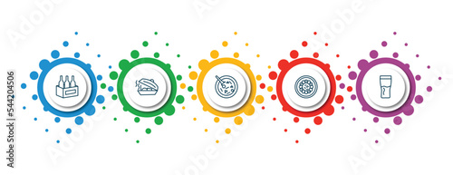 editable thin line icons with infographic template. infographic for food concept. included wine bottles in a box, foods, luosifen, fuqi feipian, pint icons.