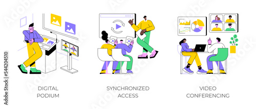 Modern technology in education isolated cartoon vector illustrations set. Digital podium in virtual class, data visualization, synchronized access to smart class, video conference vector cartoon.