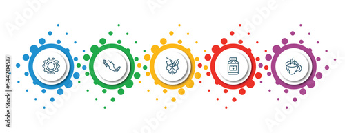 editable thin line icons with infographic template. infographic for food concept. included flower shaped biscuits, mexican, chinese food, protein container, warm black mug icons.