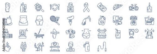 Collection of icons related to Obesity, including icons like Beer, Alcohol, Arthritis,Binge and more. vector illustrations, Pixel Perfect set