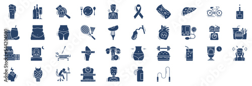 Collection of icons related to Obesity, including icons like Beer, Alcohol, Arthritis,Binge and more. vector illustrations, Pixel Perfect set
