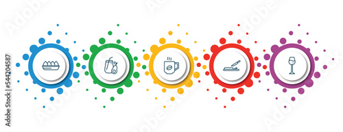 editable thin line icons with infographic template. infographic for food concept. included fried tofu curd balls, healthy shakes, hot coffee cup, chop, cup of wine icons.
