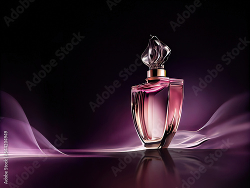 luxury glass or crystal perfume bottle with smoke waves background in pink purple theme, mixed digital 3d illustration and matte painting photo