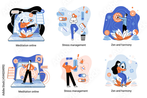 Meditation online. Self-management, self regulation learning, self-organization course, control over emotions metaphor Online yoga at home meditating. Deals with stress management, zen and harmony
