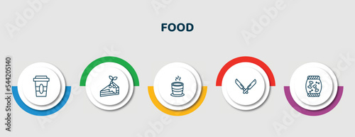 editable thin line icons with infographic template. infographic for food concept. included disposable paper cup, cake graphic, tea cup of japan, knifes, treats icons.