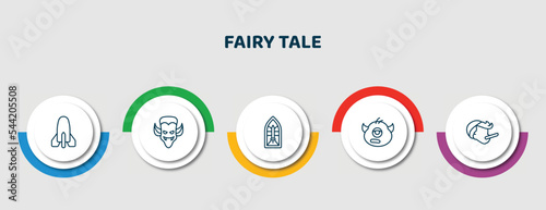 editable thin line icons with infographic template. infographic for fairy tale concept. included atomic bomb, dracula, stained glass, cyclops, pinocchio icons.