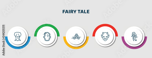 editable thin line icons with infographic template. infographic for fairy tale concept. included talking tree, magic mirror, cinderella carriage, devil, madre monte icons.