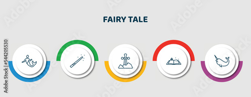 editable thin line icons with infographic template. infographic for fairy tale concept. included merman, magic wand, excalibur, fairy tale, narwhal icons.