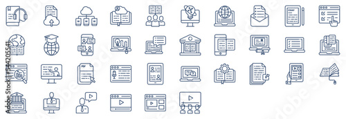 Collection of icons related to Online Education, including icons like Audio Book, Cloud Library, Examination, Graduation and more. vector illustrations, Pixel Perfect set
