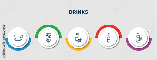 editable thin line icons with infographic template. infographic for drinks concept. included espresso, lemon juice, juice bottle, wine bottles, french press icons.