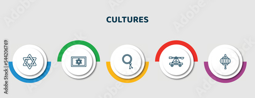 editable thin line icons with infographic template. infographic for cultures concept. included david, israel star of david, beads, trebuchet, paper lantern icons.