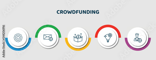editable thin line icons with infographic template. infographic for crowdfunding concept. included gif, mailing, packaging, creator, tester icons.