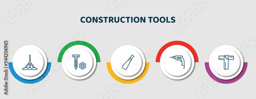 editable thin line icons with infographic template. infographic for construction tools concept. included bump cutter, nuts and bolts, putty knife, hand drill, boning rod icons.