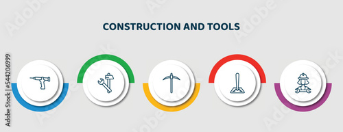 editable thin line icons with infographic template. infographic for construction and tools concept. included sealant gun, improvement, pickaxe, soil, mechanic working icons.