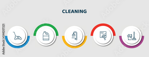 editable thin line icons with infographic template. infographic for cleaning concept. included lawn mower, bleach cleanin, shower, window cleanin, mop cleanin icons.