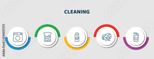 editable thin line icons with infographic template. infographic for cleaning concept. included laundry, hard water, clean room, sponges, bin icons.