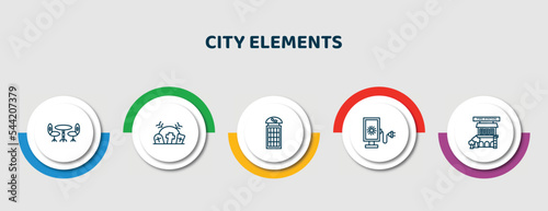 editable thin line icons with infographic template. infographic for city elements concept. included chair and table, cementery, phone booth, lightbox, fire station icons.