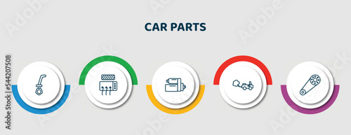 editable thin line icons with infographic template. infographic for car parts concept. included car dipstick, car demister, starter, tailpipe, camshaft icons. photo