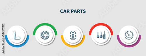 editable thin line icons with infographic template. infographic for car parts concept. included car bucket seat, car bearing, cylinder head, accelerator, fuel gauge icons.