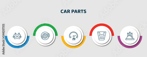 editable thin line icons with infographic template. infographic for car parts concept. included car brake pad, car brake, petrol gauge, fascia (british), distributor cap icons.