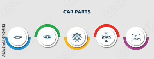 editable thin line icons with infographic template. infographic for car parts concept. included car silencer, car cowl, sprocket, universal joint, windscreen icons.