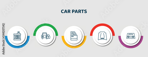 editable thin line icons with infographic template. infographic for car parts concept. included car radiator, car lock, trim, hood, parcel shelf icons.