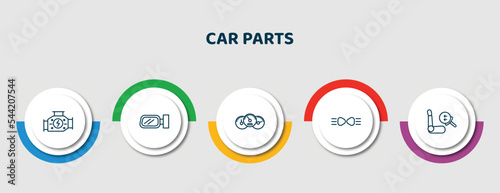 editable thin line icons with infographic template. infographic for car parts concept. included car carburettor, car wing mirror, dashboard, parking light, air bag icons.