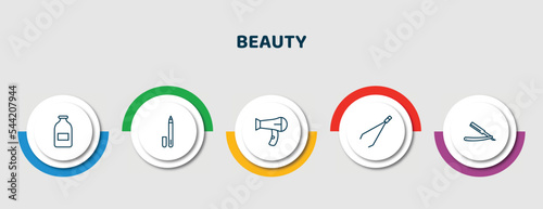 editable thin line icons with infographic template. infographic for beauty concept. included inclined bottle, eyeliner, , tweezers, straight razor icons.