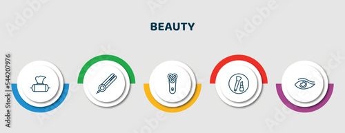 editable thin line icons with infographic template. infographic for beauty concept. included wet wipes, flat iron, electric shaver, women makeup, woman eye icons.