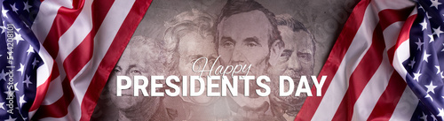 Collage of four American Presidents portraits cut of Dollar bills. Happy Presidents Day Concept with the US National Flag 