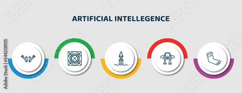 editable thin line icons with infographic template. infographic for artificial intellegence concept. included bionic arm, ai grid, flyboard, fyling vehicle, mobile flexible display icons.