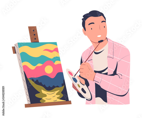 Man Character Drawing Nature Landscape with Easel and Brush on Canvas Vector Illustration