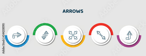 editable thin line icons with infographic template. infographic for arrows concept. included right arrow curved, up and down arrows, minimize, diagonal resize, upward icons.